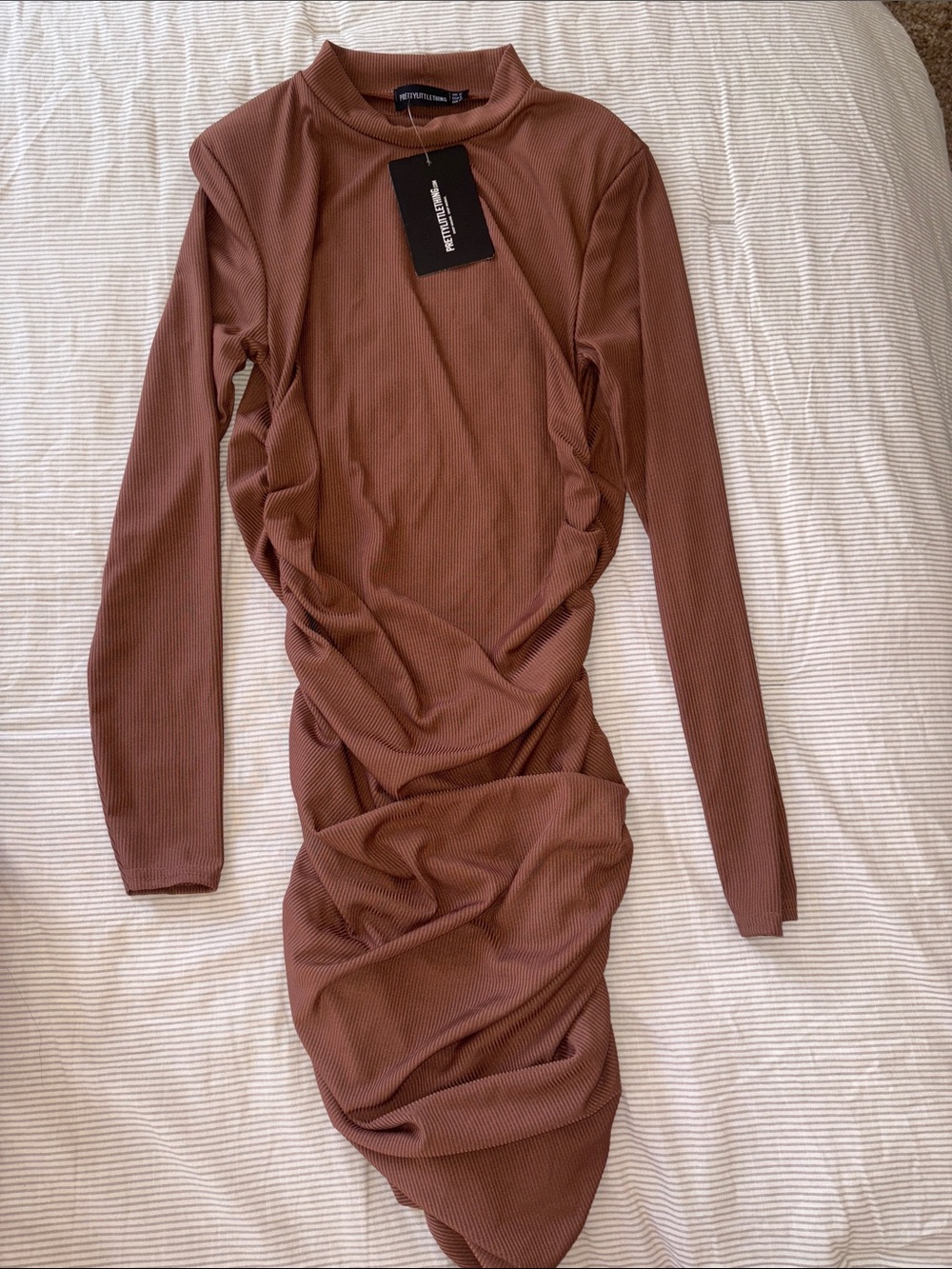 Pretty Little Thing Rust Brown/Chocolate Long Sleeve Ruched Midi Dress